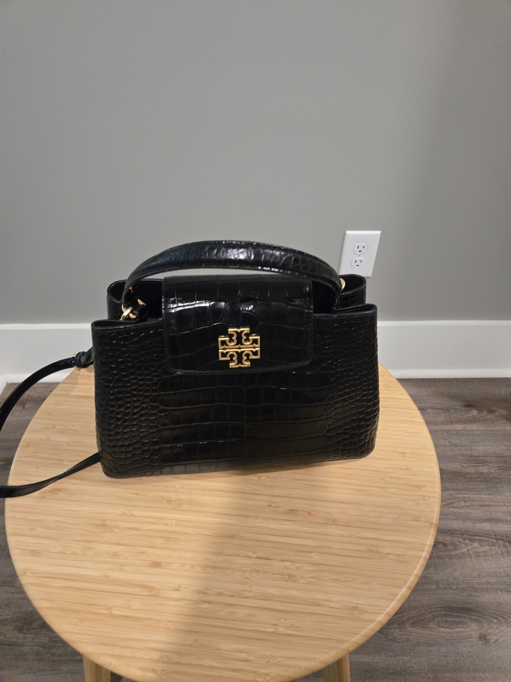 Tory Burch Black Croc-Embossed Top Handle Bag